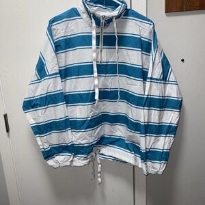 Urban Outfitters Women's White And Teal Striped 1/4 Zip Jacket Medium